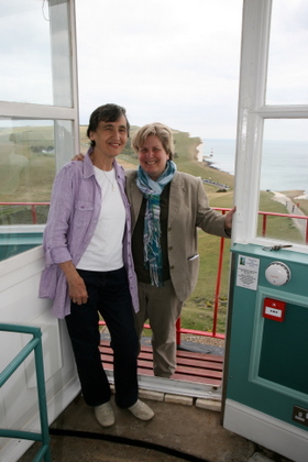 Sandi Toksvig and Vron Groocock at the Belle Tout Lighthouse, Beachy Head, Eastbourne